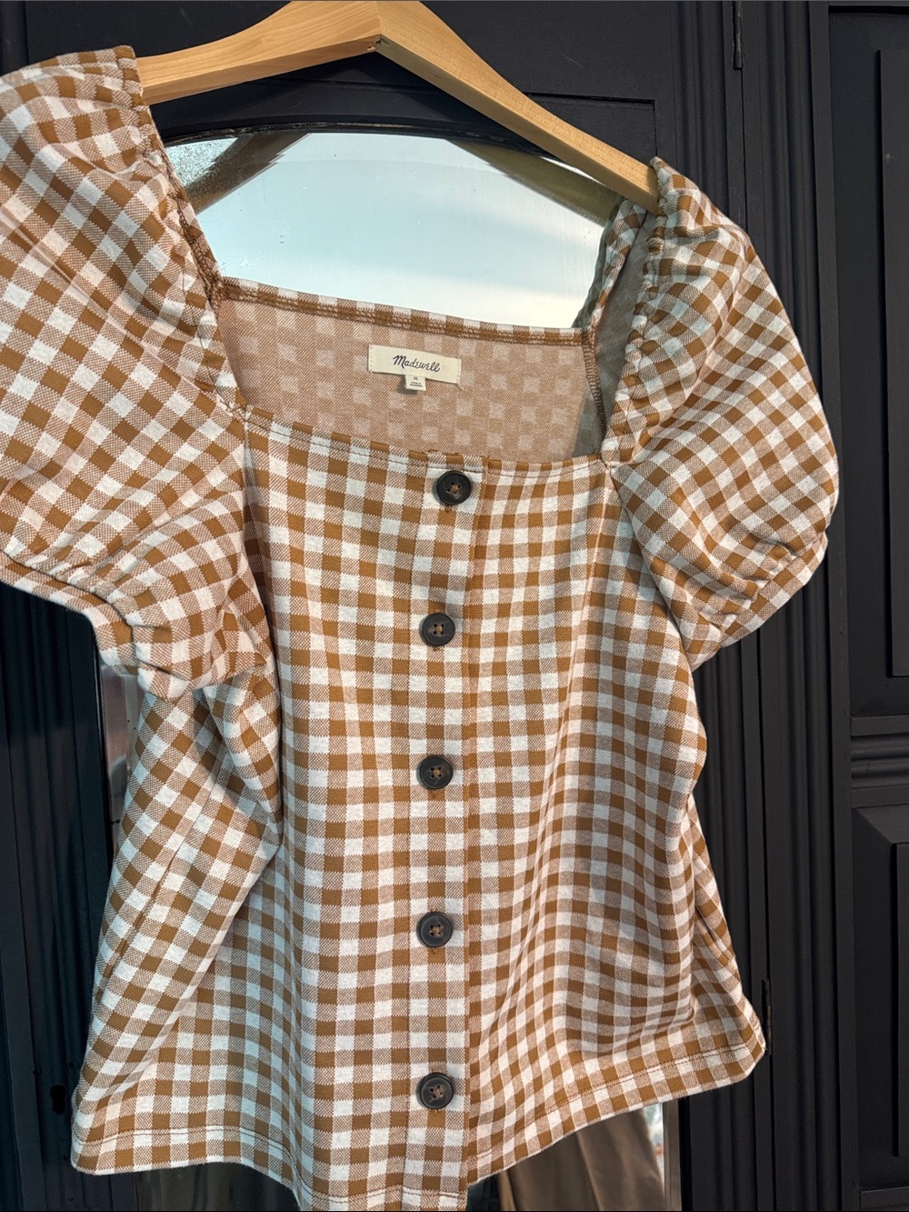 Madewell Brown and White Gingham Square-Neck Button Front Top